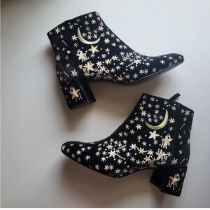 MNG Celestial Moon Stars Embroidered Velour Boots, Size 39